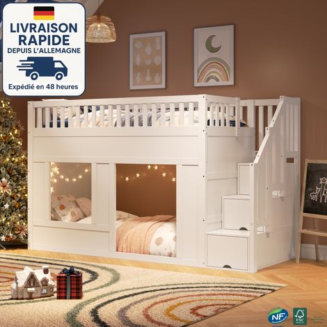 Cama tipo altillo - Litera de 90 x 200 cm en madera blanca, cama superior con escalera de almacenaje y espacio modular debajo, colchón no incluido (1/5)