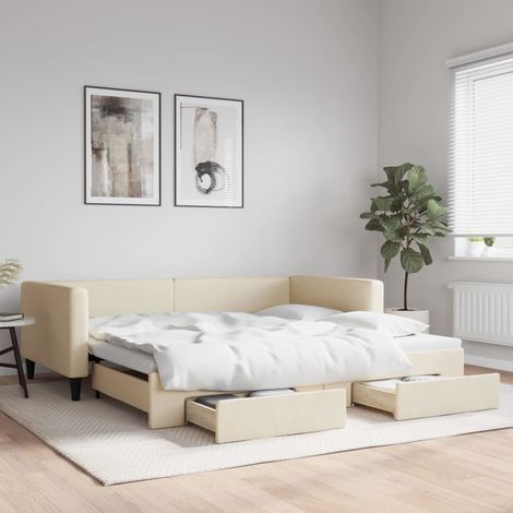 Tagesbett Ausziehbar mit Schubladen Creme 100x200 cm Stoff