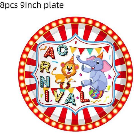 Geburtstagsparty-Set mit Zirkus- und Karnevalsmotto: Teller, Becher, Servietten, Tischdecke, Luftballons, Girlande – Dekorationen für eine Tierparty – 23 cm Teller (8 Stück) (1/4)