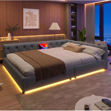 Sofá cama de lino gris 140x200 cm con somier de láminas, USB, Type-C y LED (1/5)