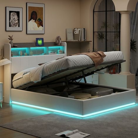 Lit coffre 140x190,lit 140x190 avec sommier à lattes,LED,lit double capitonné,lit adulte,lit 2 personnes,tissu en velours,Beige (1/5)