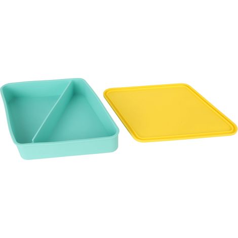Boîte à pizza carrée en silicone, réutilisable et chauffante, idéale pour les pique-niques. Couleur vert menthe avec couvercle jaune. (1/5)