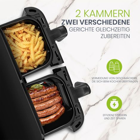 Friteuse à air 10L XXL double chambre double zone famille,écran tactile LED température temps réglables 8 fonctions de cuisson.