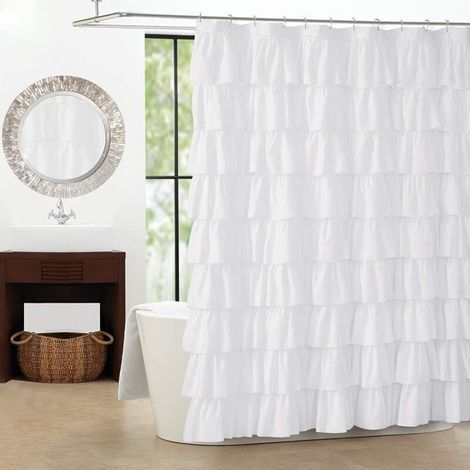 White Ruffle Shower Curtain - Farmhouse Fabric Bathroom 72x72 Inch Fashion Texture (1/4)