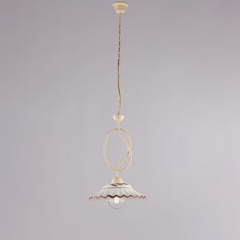 Lustre Bistrot Fer Ivoire, Effet Décapé, Diffuseur Céramique D.30, 1 Lumière 105X30 Cm, Look Rustique Clair