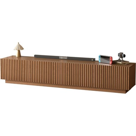 Meuble TV pour écran 75", rangement noyer, sur pieds,220 cm (1/5)