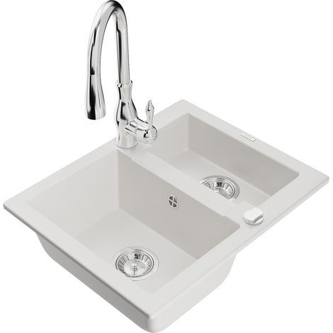 Mexen Carlos 1,5-Becken-Granitspüle mit Mischbatterie Savita, Weiß - 6518-20-672601-00