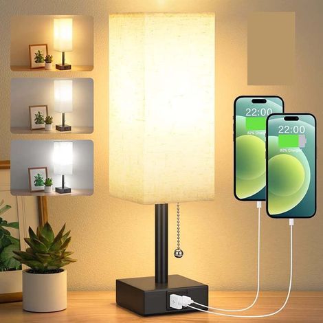 Lampe de chevet--Lampe de Chevet à Intensité Variable 3 Couleur (3000/4000/5000K) avec Ports de Charge USB-A+C Ampoule LED Interrupteur à Chaînette pour Chambre à Coucher Salon Bureau Chambre d'enfant (1/4)