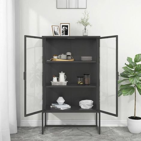Buffet Haut de Cuisine 80x35x135 cm, Meuble Rangement avec Cadre en Acier et Verre Trempé, Style Industriel Moderne, Couleur Anthracite (1/5)