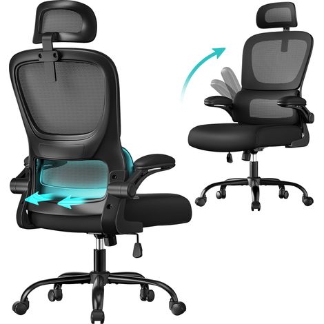 Songmics – Fauteuil de bureau ergonomique – Tissu en maille double couche – Accoudoirs rabattables – Soutien lombaire réglable – Dossier inclinable 90°-115° – Noir (1/5)