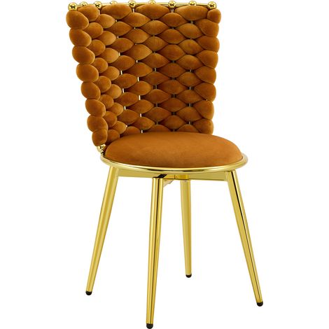 Ensemble de 2 chaises de salle à manger en velours orange avec dossier en corde tressée et pieds métalliques dorés (1/5)