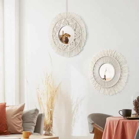 Set di 2 specchi da parete rotondi in macramè con frange, specchi pendenti, decorazione artistica boho per appartamento, casa, camera da letto, soggiorno (beige, 2 pezzi) NPTERBL (1/4)