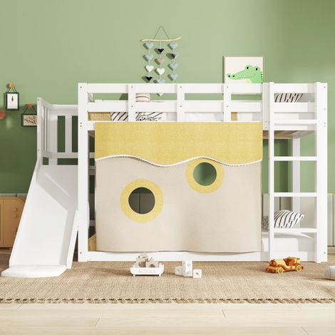 Lit superposé enfant en bois 90x200 cm avec toboggan, escalier sécurisé, rideaux et garde-corps intégral, structure en pin et MDF, blanc (1/5)