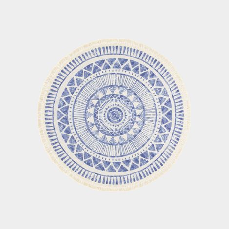 Tapis rond en coton blanc à franges - Aztèque - Motifs bleu - Rond Ø 150 cm