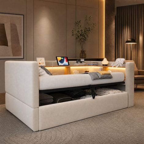 Polsterbett 90 x 190 cm mit LED, Steckdosen und Stauraum, Beige OKMYHOME (1/5)