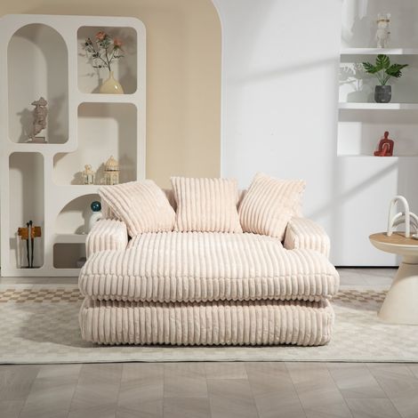 Méridienne 1 place beige en velours côtelé, canapé lounge en mousse, 3 coussins, 125 x 155 x 63 cm, sans montage (1/5)