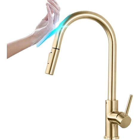 Grifo de cocina, rociador extraíble, monomando, sensor de oro cepillado. (1/2)