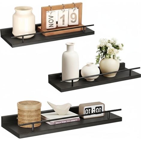 Lot de 3 Étagère Murale en Bois 40x15x4.5CM pour Cuisine Salon Bureau et Chambre, Rangement Mural, Noir (1/5)