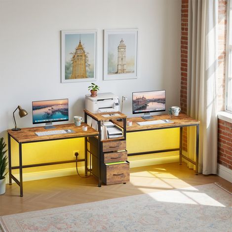 Long 2-Person Double Desk, LED Computer Gaming & Home Office Work Table with Charging Station, Drawers, Printer Shelf for PC Study Workstations