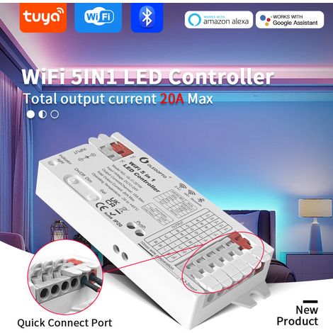 5-in-1 LED Strip Controller with WiFi + Bluetooth + 2.4 GHz, Easy Wiring, 20A Maximum Current GL-C-201W