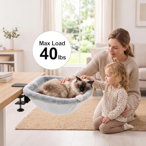 Lit de bureau pliable pour chat, lit suspendu pour chat, lit semi-circulaire réglable à 90°, stable jusqu'à 18 kg / 40lbs, convient pour différents bureaux (1/3)