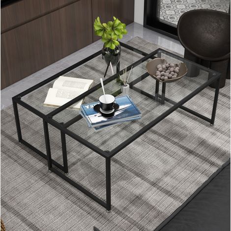 MEUBLIV Mesa de centro 2 piezas 119 x 56 x 44,5 cm negro – tablero de vidrio apilable (1/5)