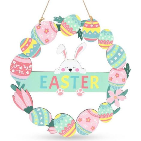 Couronne de Pâques - Ulisem - Œufs colorés - Panneau Lapin - Décoration suspendue (1/5)
