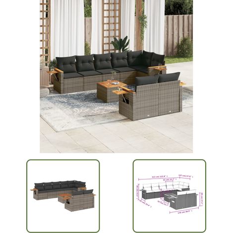 The Living Store 9-tlg. Garten-Sofagarnitur mit Kissen Grau Poly Rattan - Gartenmöbel - Outdoor Möbel - Rattan Sofa - Lounge Set - Esszimmergarnitur (1/3)