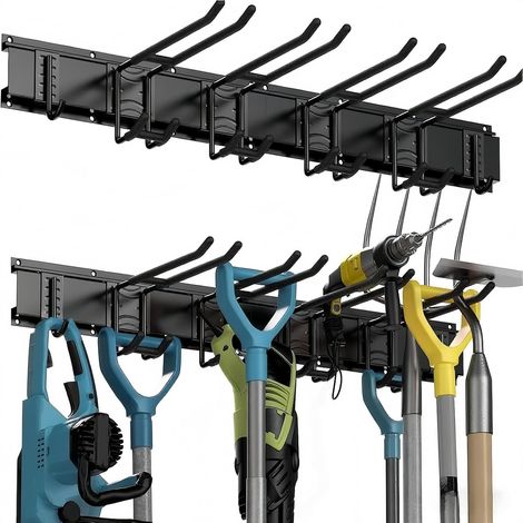 Porte Outils Mural - Range Outils de Jardin avec 6 Crochets Réglables, Support Balais Mural pour Garage/Jardin - Organisation du Garage en Acier Robust (1/5)