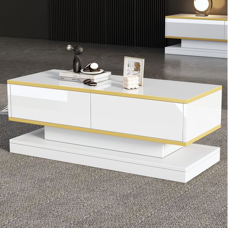 Couchtisch 100x50x38 cm Warmweiß und Gold, 2 Schubladen, Spanplatte, MEUBLIV (1/5)
