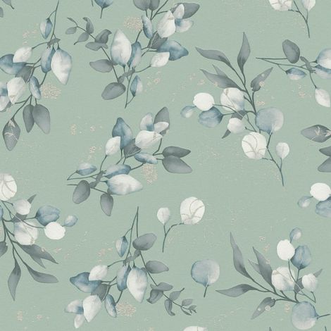 Empapelado estilo country Profhome 397687 papel pintado no tejido liso con ornamentos florales y acentos metálicos verde menta plata blanco 5,33 m2