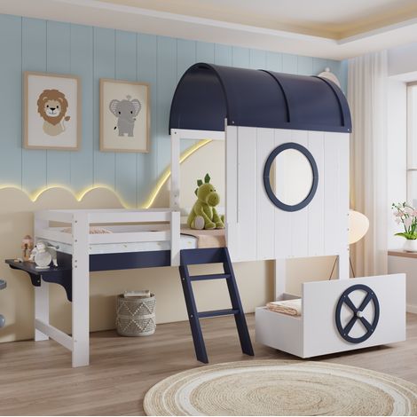 Cama alta infantil de madera y MDF blanco y azul oscuro 90x200 cm con cajón, techo y ventana (1/5)
