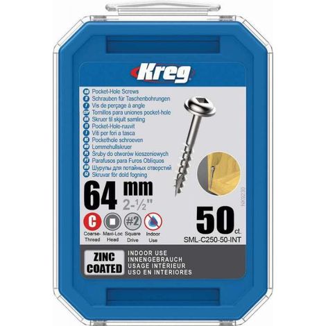 Tornillo de zinc KREG 64 mm con rosca gruesa - Caja de 50 tornillos - SML-C250-50-INT