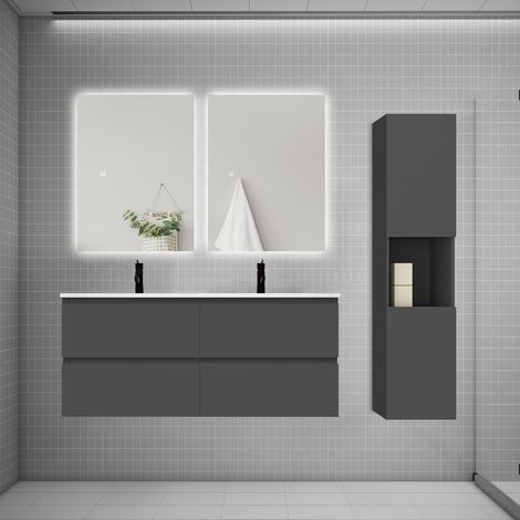 Ensemble meuble anthracite et vasque L.120cm 4 tiroirs + colonne1 haut + lavabo + miroir 80x60cm2-suspendu