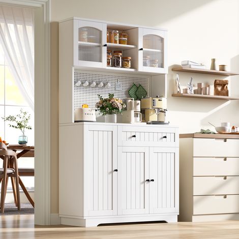 Credenza Alta da Cucina con Vetrina, Cassetto e Ripiani Regolabili, Pannello Forato, Bianca, 103.5 × 40 × 180 cm (1/5)