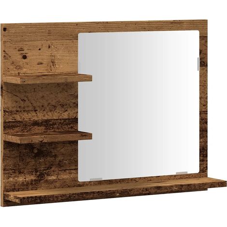 Mobiletto a specchio da bagno a parete dal design pulito 60 x 10,5 x 45 cm vano contenitore in legno composito finitura effetto legno anticato 020050827