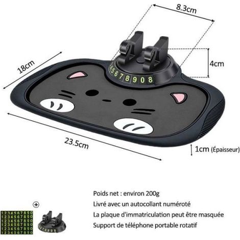 Support de téléphone de voiture tapis antidérapant, Pour intérieur de tableau de bord de voiture, PVC, Visage de chat mignon, Gris (1/4)