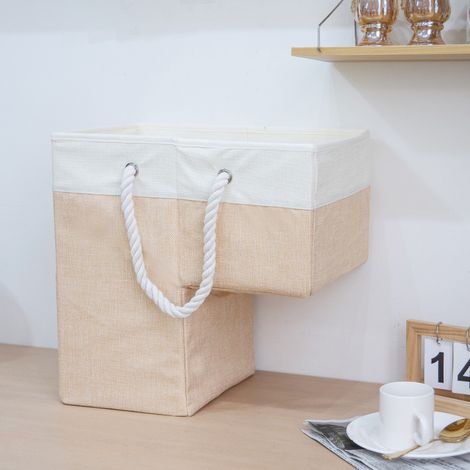 panier d escaliers en tissu imitation lin couleur marron clair avec poignée et poches pliable pour rangement de jouets vêtements sur marches (1/4)