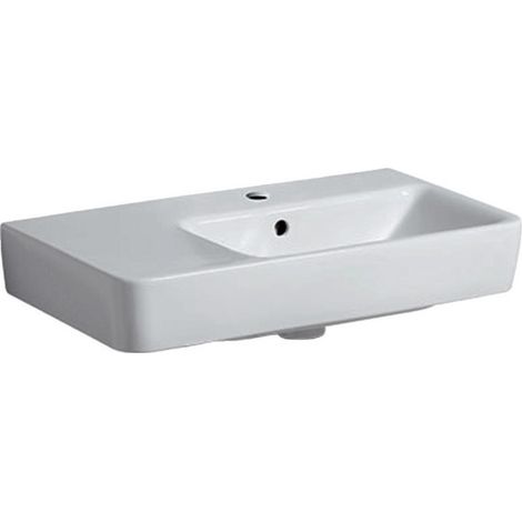 Lavabo Geberit Renova Compact avec plage de dépose, 65x37cm, trou de robinetterie au centre, plage de dépose à gauche, Blanc