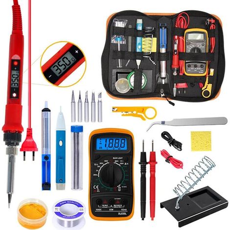 Kit fer à souder 80 W LCD, température 180–480 °C, 5 pannes, pompe dessouder, fil, support, pince électronique (1/5)