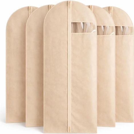 Kleidersäcke zum Aufhängen von Kleidung, 5er-Pack, Vliesstoff Atmungsaktive Aufbewahrungssäcke mit Sichtfenster, Staubschutzhüllen für Anzüge, Mäntel, Kleider, Jacken und Hemden, Beige (1/5)