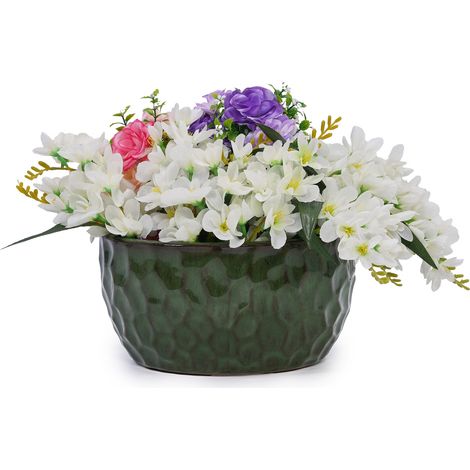 Lot de 3 pots de fleurs en céramique vert antique à motif martelé, pour intérieur et extérieur, avec trou de drainage, résistants aux intempéries CHICFURN (1/5)