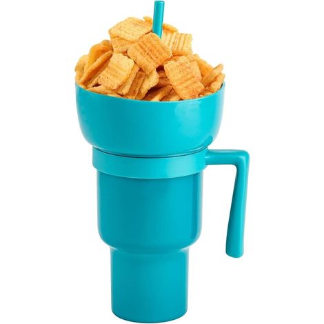 Gobelet 2 en 1 pour boissons et collations, gobelet de stade, bol à collations avec paille, réutilisable et bleu (1/5)