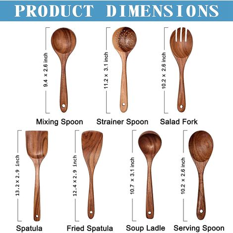 Utensili da cucina in legno di teak - Set premium da 7 pezzi, facili da pulire, leggeri, resistenti al calore, durevoli e antigraffio - ALTRO (1/4)