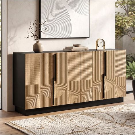 Buffet 160x42x76 cm noir et naturel en MDF et panneaux de particules avec 4 portes relief (1/5)
