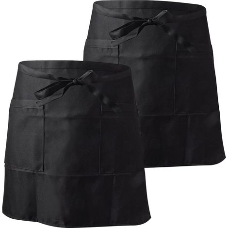 Delantal negro con 2 bolsillos - Delantal corto para chefs, hombres y mujeres - Conjunto de 2 piezas para cafeterías, bistrós y restaurantes