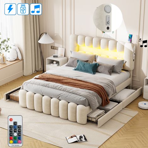 Letto matrimoniale 160x200 cm imbottito in velluto, con 4 cassetti contenitore, LED, USB e audio MP3, testiera regolabile, stile scandinavo - Beige