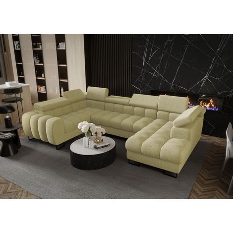 Wohnlandschaft Schlafsofa BASTIEN in Stoff Aragon Olivgrün Ottomane Rechts