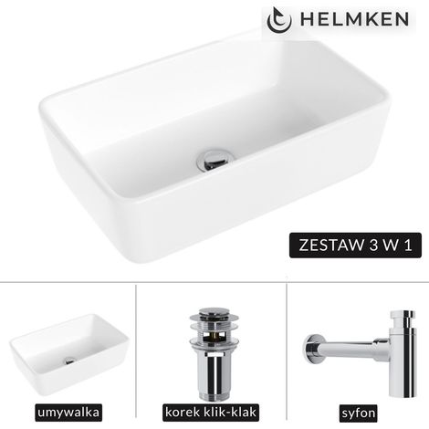 Lavabo à poser Helmken 67448000 (48 x 29,5 po) Blanc + Siphon chromé + Bouchon clic-clac chromé (1/5)