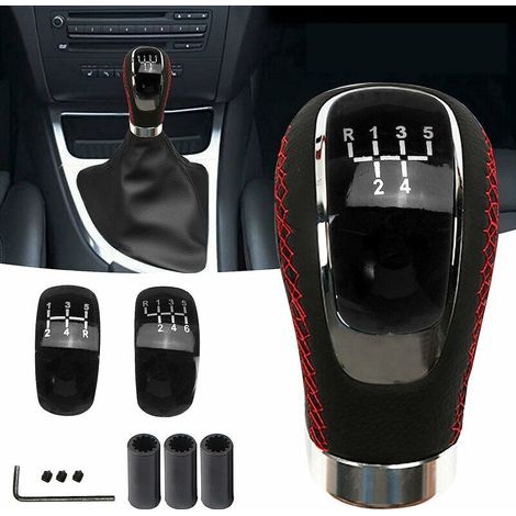 Pomello del cambio per auto, pomello universale per cambio manuale in lega di alluminio con rivestimento in pelle e 3 adattatori (rosso). (1/5)